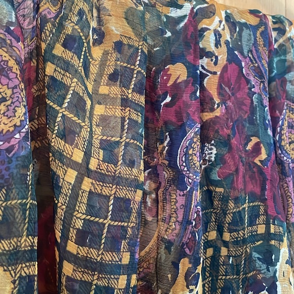 Lightweight scarf in golds, brown, black and burgundy, nylon/rayon, ~44” square - Picture 5 of 6